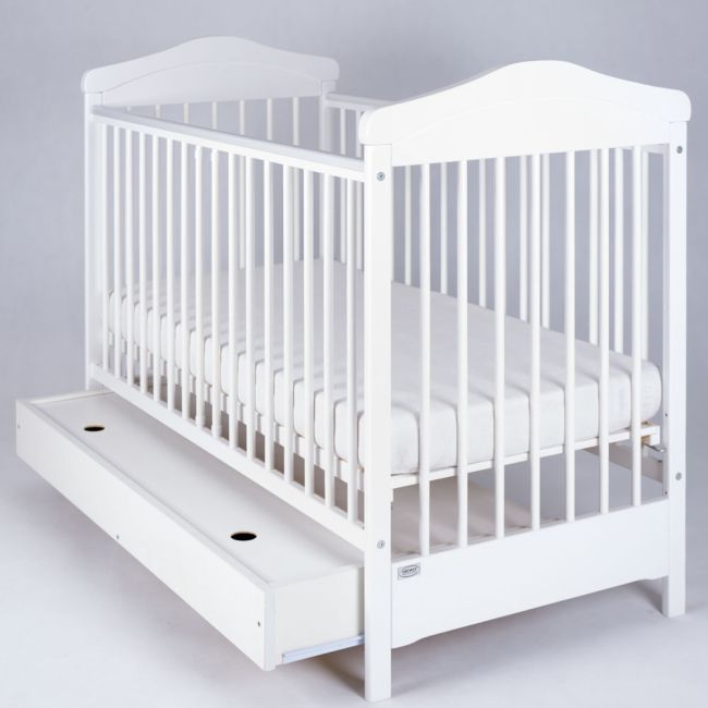 Patut Bebe Din Lemn Masiv, Inaltime Reglabila A Saltelei, Sertar Inclus, Hippo Alb, 120x60 Cm Pjbdrw_2016_13-8914