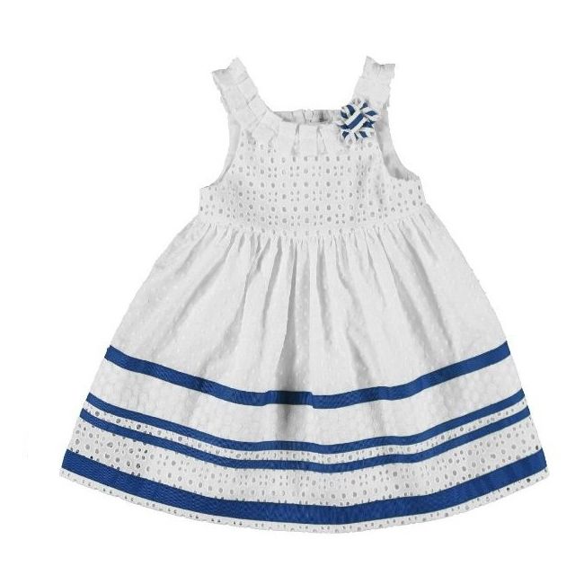Rochie alba cu broderie englezeasca si insertii albastre (3928), 80 cm / 12 luni