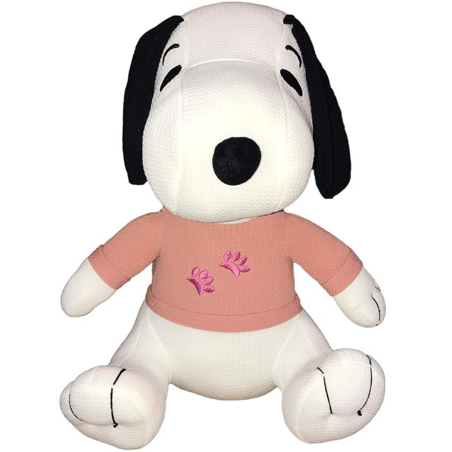 Jucarie din material textil elastic Snoopy cu bluza roz, 32 cm (asezat)
