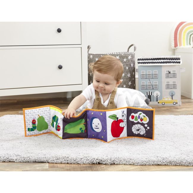 Jucarie textila Tiny & Very Hungry Caterpillar cu doua fete pentru dezvoltare senzoriala