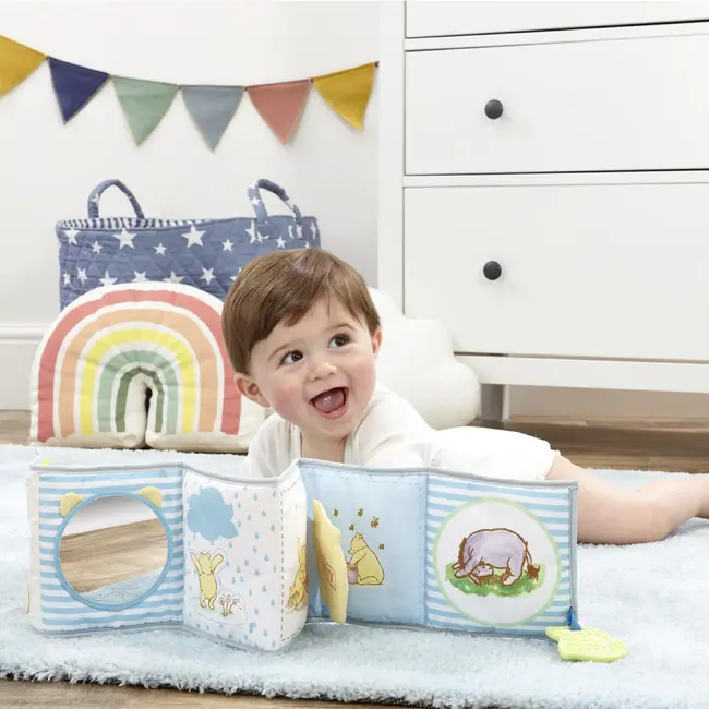 Jucarie - carte Winnie the Pooh cu doua fete pentru dezvoltare senzoriala