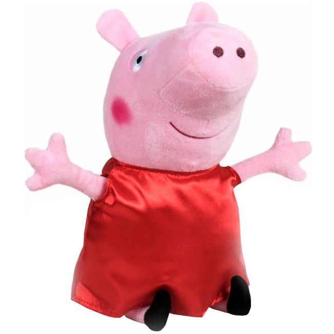 Set 2 jucarii din plus George Dinos & Peppa Pig cu rochie rosie din satin 17 cm, Peppa Pig