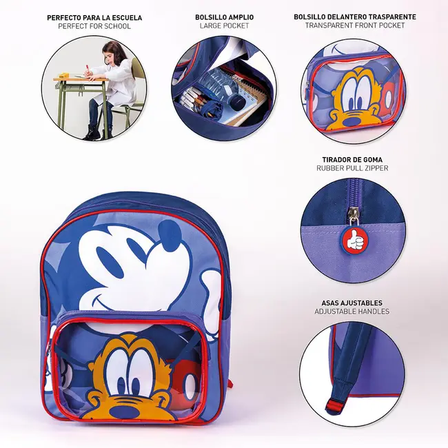 Rucsac Mickey Mouse cu buzunar transparent, 25x30x12 cm