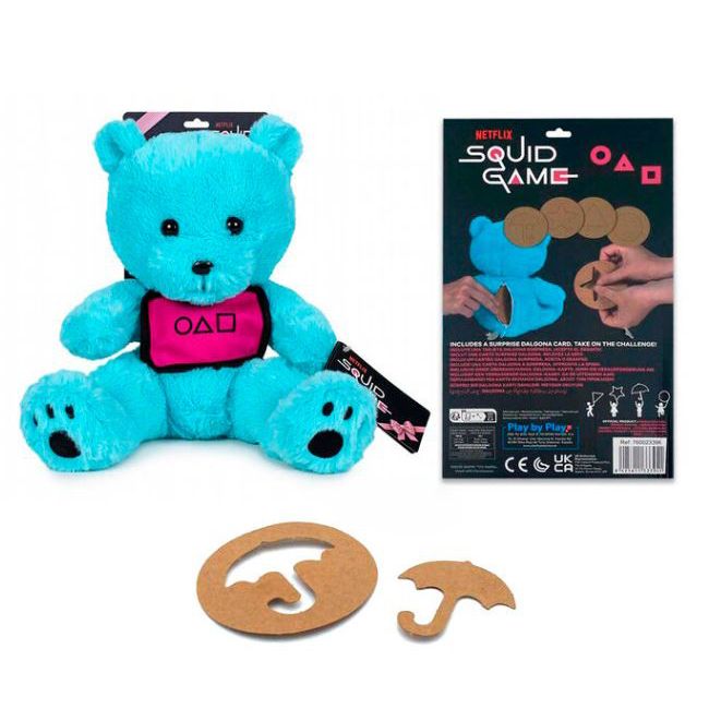 Jucarie din plus Blue teddy bear, Jocul Calamarului, 23 cm (asezat)