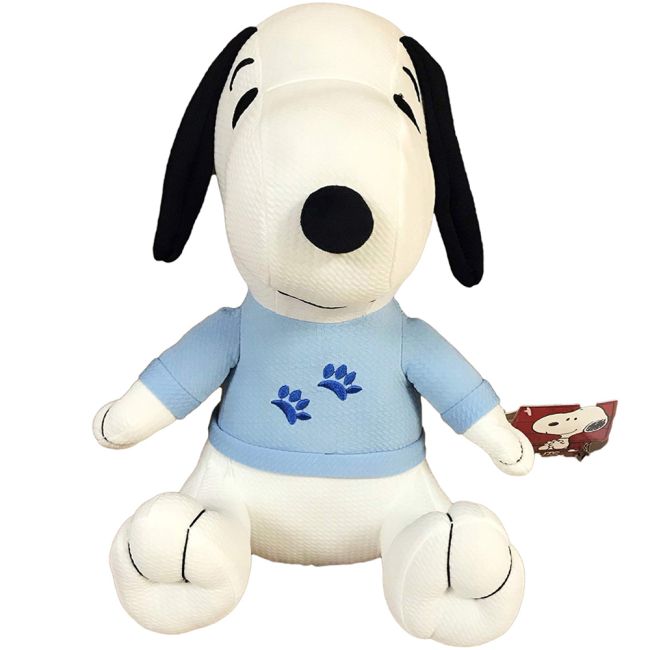 Jucarie din material textil elastic Snoopy cu bluza bleu, 32 cm (asezat)