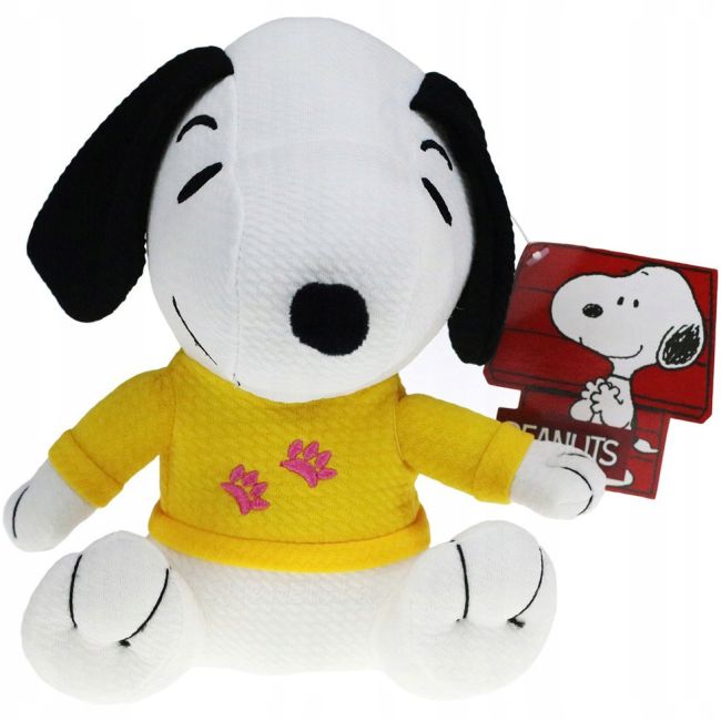 Jucarie din material textil elastic Snoopy cu bluza galbena, 32 cm (asezat)