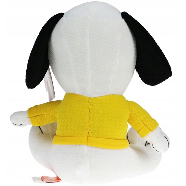 Jucarie din material textil elastic Snoopy cu bluza galbena, 32 cm (asezat)