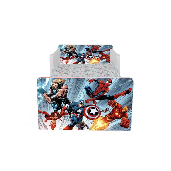 Pat pentru baieti Avengers 3, Cu Dubla Protectie, cu Saltea SafeNest 130x60 Cm, 2-6 Ani  Ptv8055