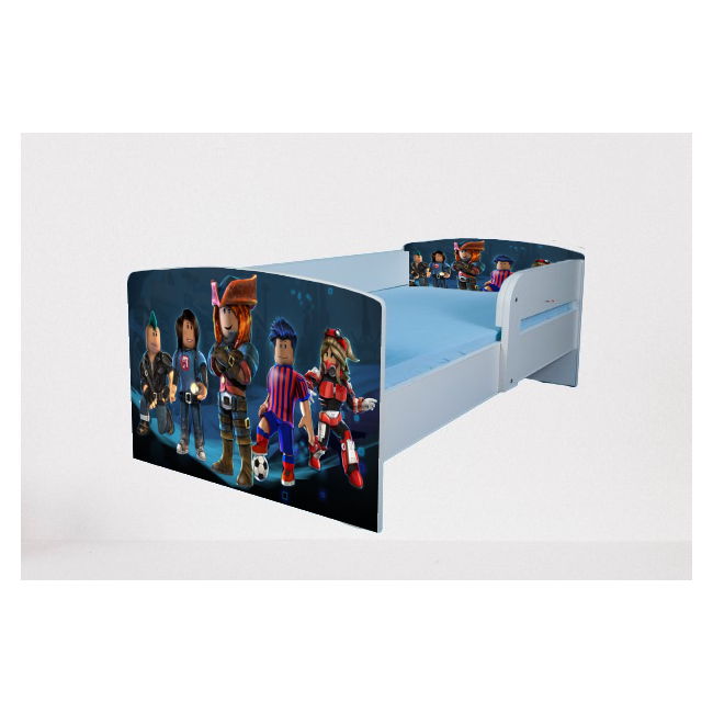 Pat baieti Roblox 2 cu Protectii laterale, cu Saltea SafeNest 140x70 Cm, 2-8 Ani  Ptv7597