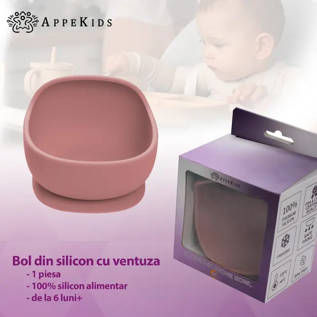 Bol din silicon cu ventuza, AppeKids, Classic - Old Rose KRTAK276104