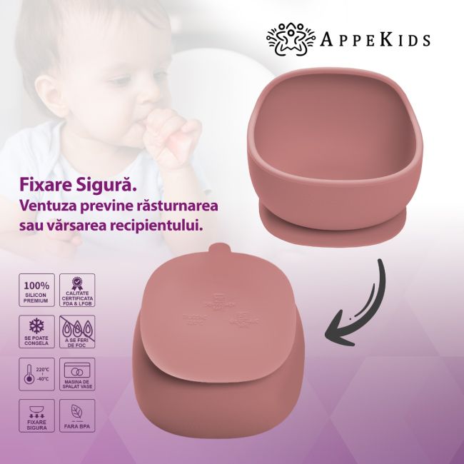 Bol din silicon cu ventuza, AppeKids, Classic - Old Rose KRTAK276104