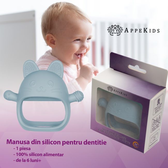 Jucarie pentru dentitie din silicon, Appekids, Manusa Kitty - Aqua Blue KRTAK276043
