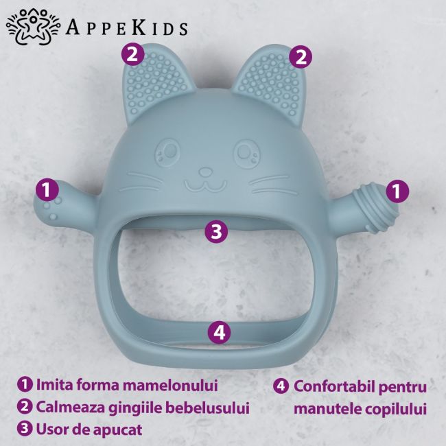 Jucarie pentru dentitie din silicon, Appekids, Manusa Kitty - Aqua Blue KRTAK276043