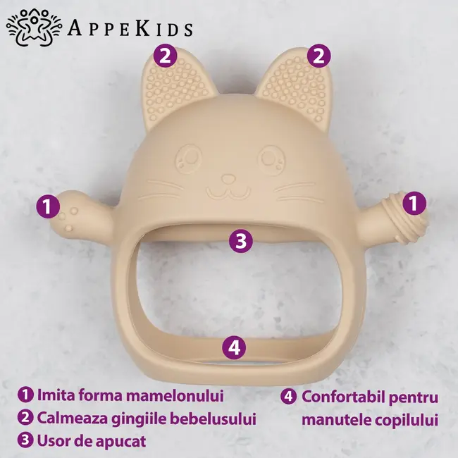 Jucarie pentru dentitie din silicon, Appekids, Manusa Kitty - Bubble Beige KRTAK276036
