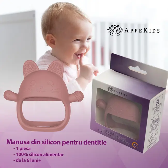 Jucarie pentru dentitie din silicon, Appekids, Manusa Kitty - Old Rose KRTAK276029