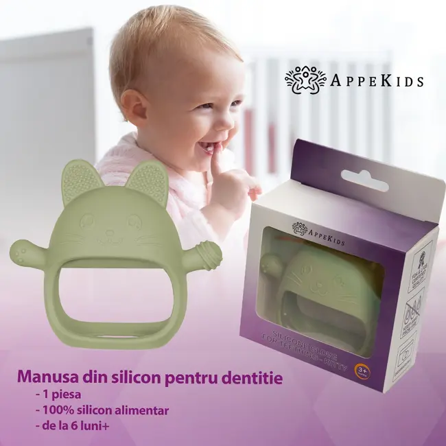 Jucarie pentru dentitie din silicon, Appekids, Manusa Kitty - Raw Green KRTAK276050