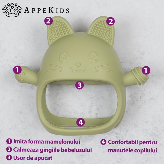 Jucarie pentru dentitie din silicon, Appekids, Manusa Kitty - Raw Green KRTAK276050