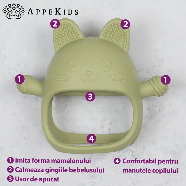 Jucarie pentru dentitie din silicon, Appekids, Manusa Kitty - Raw Green KRTAK276050