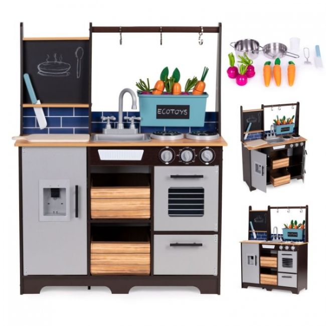 Bucatarie din lemn pentru copii cu accesorii, 74 x 29.5 x 96 cm, ecotoys tl40030 edeeditl40030