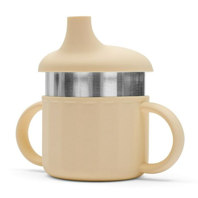 Canuta, New Baby, Cu manere si gura de scurgere care poate fi folosita de sine statatoare sau cu pai, 50% silicon, 50% otel inoxidabil, Fara BPA, 0 luni+, Beige BYN56990