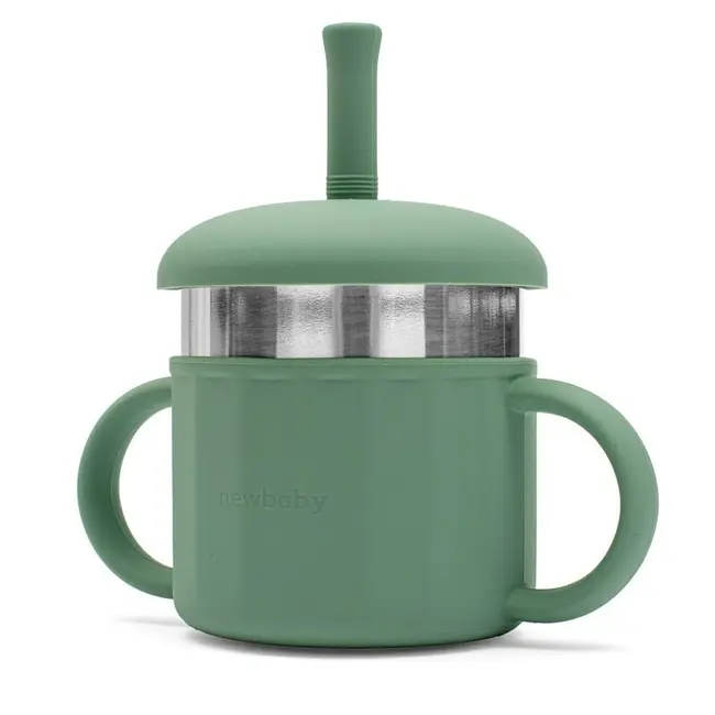 Canuta, New Baby, Cu manere si gura de scurgere care poate fi folosita de sine statatoare sau cu pai, 50% silicon, 50% otel inoxidabil, Fara BPA, 0 luni+, Green BYN56991