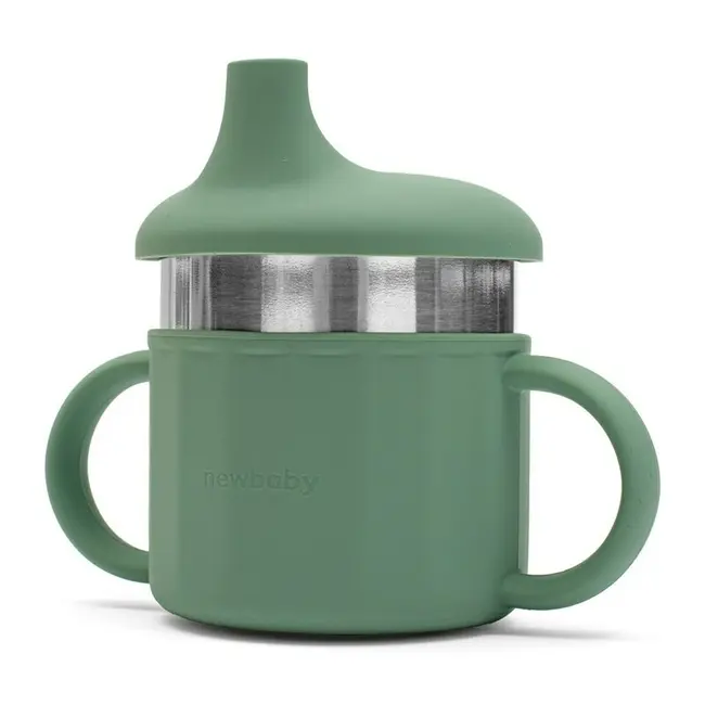 Canuta, New Baby, Cu manere si gura de scurgere care poate fi folosita de sine statatoare sau cu pai, 50% silicon, 50% otel inoxidabil, Fara BPA, 0 luni+, Green BYN56991