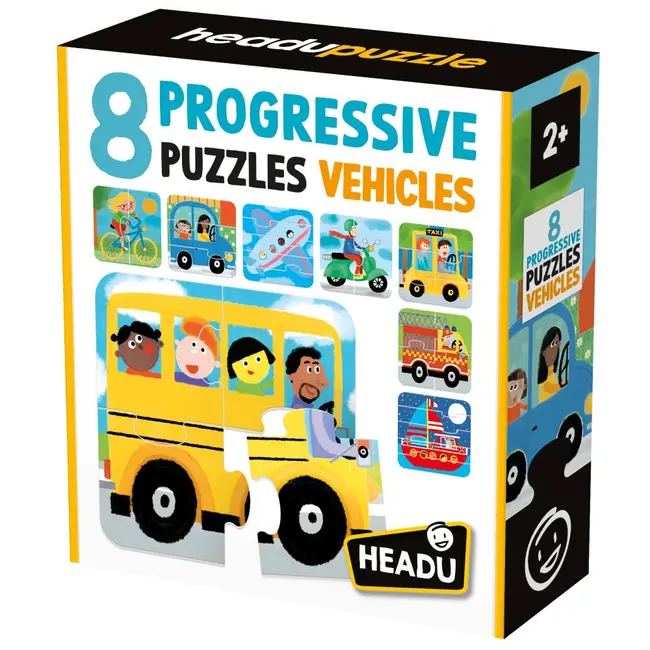Headu - 8 Puzzleuri progresive Vehicule cu piese mari pentru copiii de peste 2 ani ARTHE59056