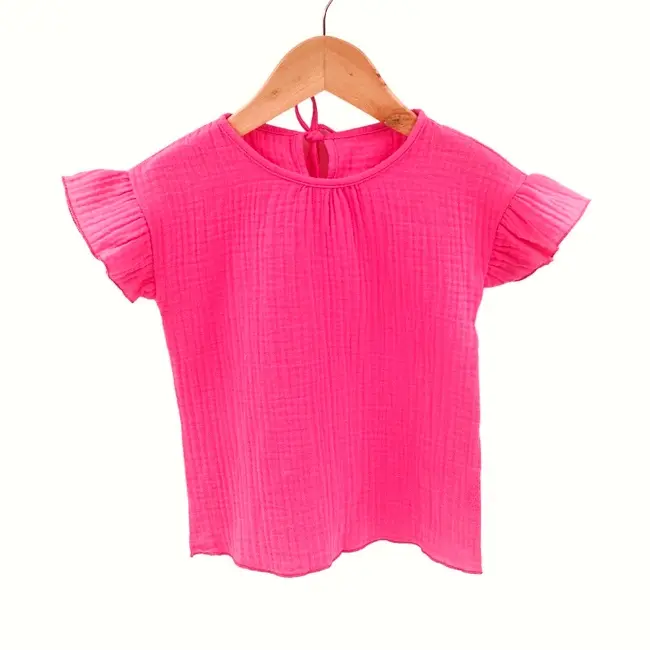 Tricou cu volanase la maneci pentru copii, din muselina, Pink Pop, 3-4 ani KDETMV34BD