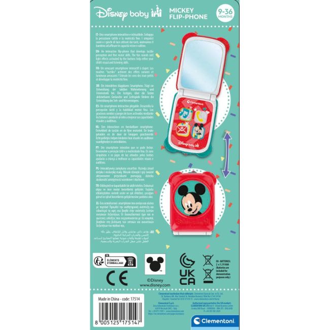 Clementoni - Telefon flip Mickey Mouse care dezvolta abilitatile motorii fine si simtul tactil ARTCL17514