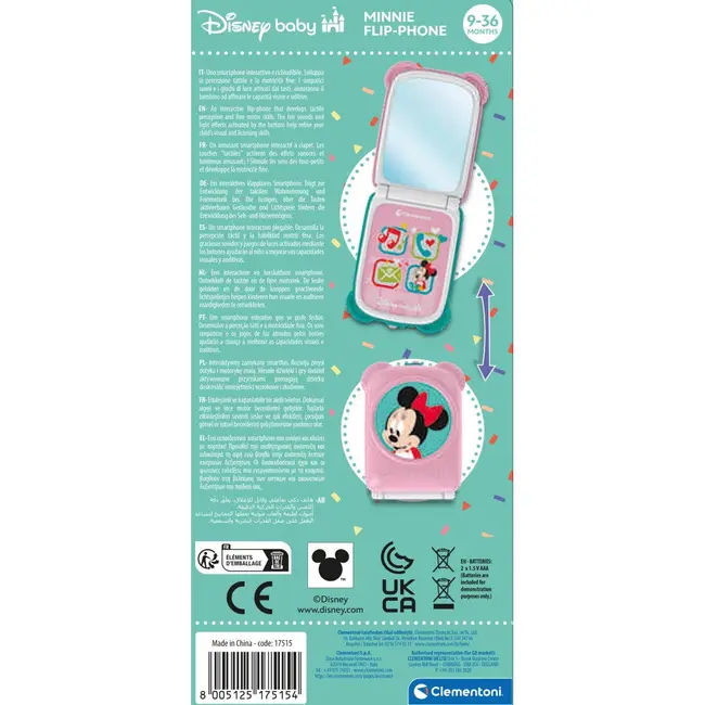 Clementoni - Telefon flip Minnie Mouse care dezvolta abilitatile motorii fine si simtul tactil ARTCL17515