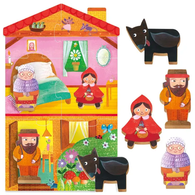 Headu - Montessori primul meu puzzle Scufita Rosie ce include 4 forme din lemn ARTHE59094
