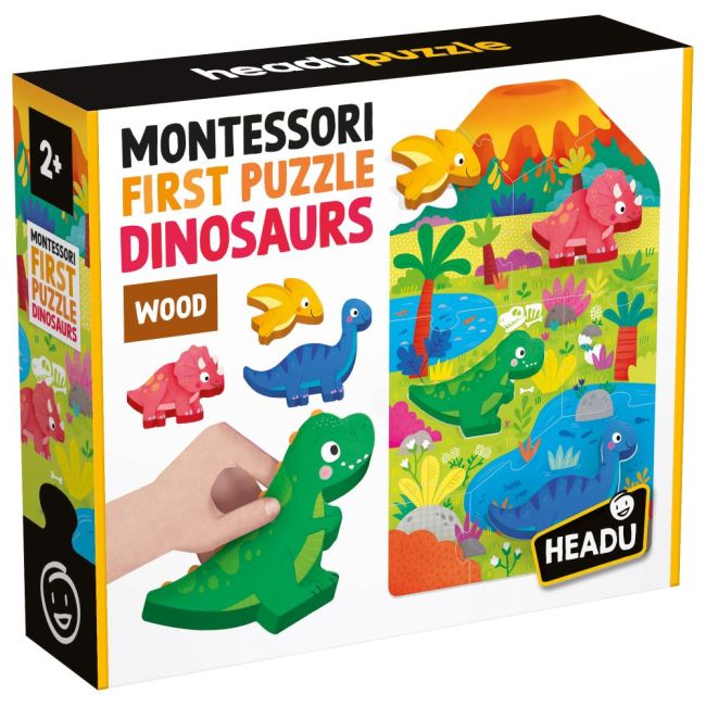 Headu - Montessori primul meu puzzle cu Dinozauri ce include 4 forme din lemn ARTHE59025