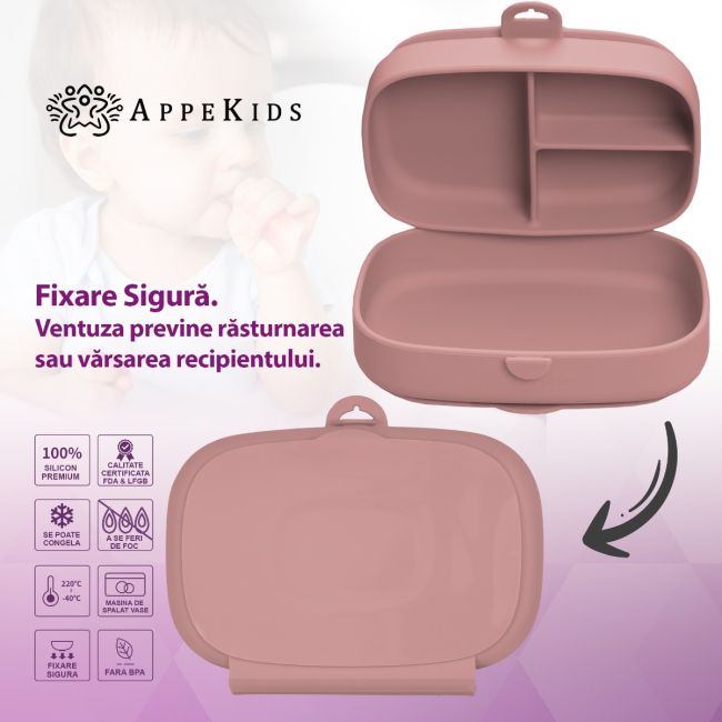Caserola compartimentata din silicon cu ventuza, AppeKids Magic Box - Old Rose KRTAK275985