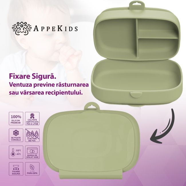 Caserola compartimentata din silicon cu ventuza, AppeKids Magic Box - Raw Green KRTAK276012