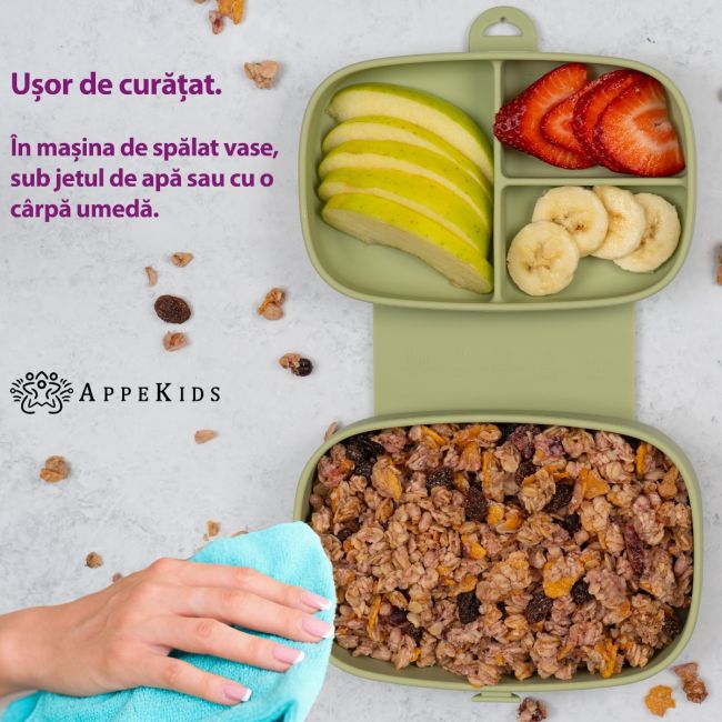 Caserola compartimentata din silicon cu ventuza, AppeKids Magic Box - Raw Green KRTAK276012