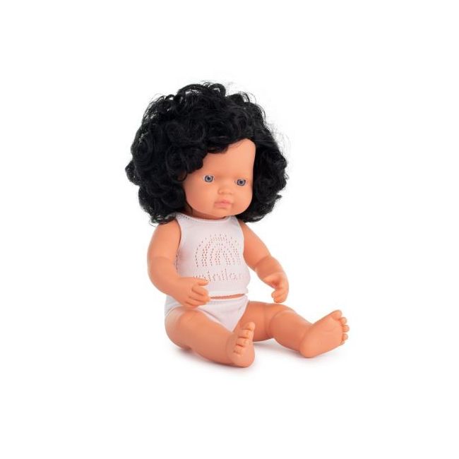 Papusa educativa 38 cm fetita caucaziana cu par negru si ondulat - okeml31262