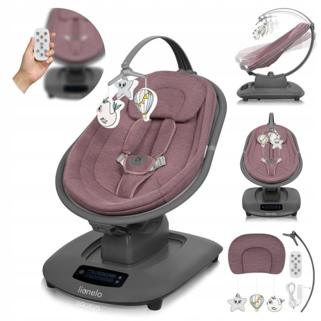 Balansoar si sezlong, Lionelo, Blossom, 5 melodii, 5 moduri de balansare, Cu jucarii, Husa respirabila, 60% bambus, Cu telecomanda, Reglare pozitie scaun pentru somn, Pana la 9 kg, Mov BYNLO-BLOSSOM_PINK_MAUVE
