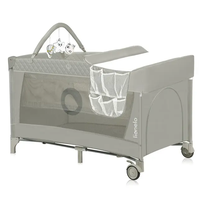 Patut pliant, Lionelo, Flower, Cu doua nivele, Cu arcada, Geanta transport, Masuta de infasat, Bara cu jucarii, Fereastra laterala, 120x60 cm, Conform cu standardele europeane de securitate EN 716 si EN12221, Cappuccino BYNLO-FLOWER_CAPPUCCINO