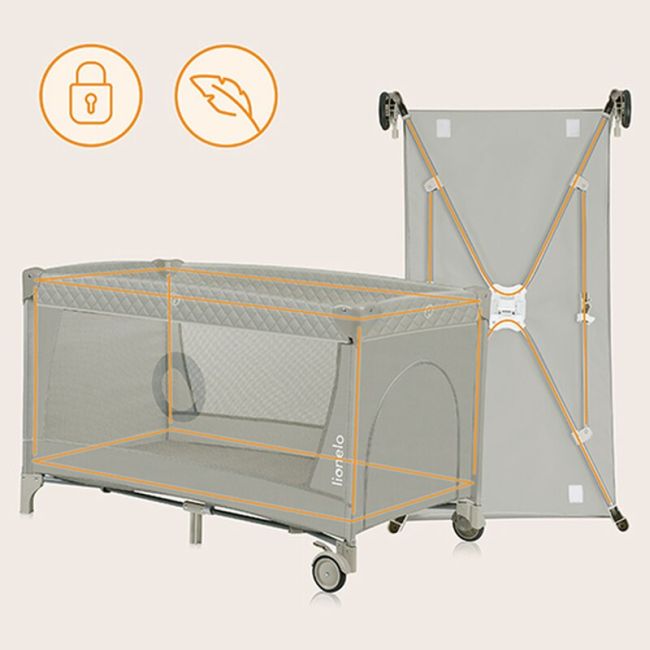 Patut pliant, Lionelo, Flower, Cu doua nivele, Cu arcada, Geanta transport, Masuta de infasat, Bara cu jucarii, Fereastra laterala, 120x60 cm, Conform cu standardele europeane de securitate EN 716 si EN12221, Cappuccino BYNLO-FLOWER_CAPPUCCINO