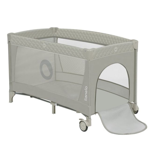 Patut pliant, Lionelo, Flower, Cu doua nivele, Cu arcada, Geanta transport, Masuta de infasat, Bara cu jucarii, Fereastra laterala, 120x60 cm, Conform cu standardele europeane de securitate EN 716 si EN12221, Cappuccino BYNLO-FLOWER_CAPPUCCINO