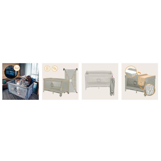 Patut pliant, Lionelo, Flower, Cu doua nivele, Cu arcada, Geanta transport, Masuta de infasat, Bara cu jucarii, Fereastra laterala, 120x60 cm, Conform cu standardele europeane de securitate EN 716 si EN12221, Cappuccino BYNLO-FLOWER_CAPPUCCINO