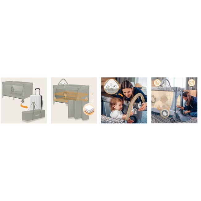 Patut pliant, Lionelo, Flower, Cu doua nivele, Cu arcada, Geanta transport, Masuta de infasat, Bara cu jucarii, Fereastra laterala, 120x60 cm, Conform cu standardele europeane de securitate EN 716 si EN12221, Cappuccino BYNLO-FLOWER_CAPPUCCINO