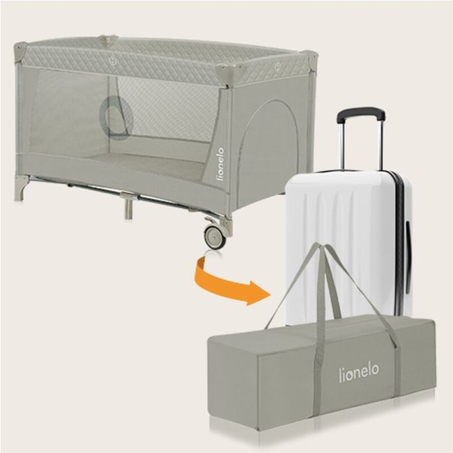 Patut pliant, Lionelo, Flower, Cu doua nivele, Cu arcada, Geanta transport, Masuta de infasat, Bara cu jucarii, Fereastra laterala, 120x60 cm, Conform cu standardele europeane de securitate EN 716 si EN12221, Cappuccino BYNLO-FLOWER_CAPPUCCINO