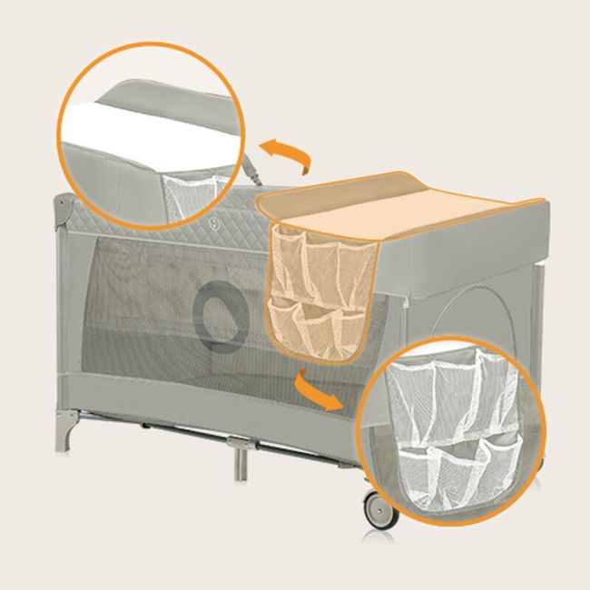 Patut pliant, Lionelo, Flower, Cu doua nivele, Cu arcada, Geanta transport, Masuta de infasat, Bara cu jucarii, Fereastra laterala, 120x60 cm, Conform cu standardele europeane de securitate EN 716 si EN12221, Cappuccino BYNLO-FLOWER_CAPPUCCINO