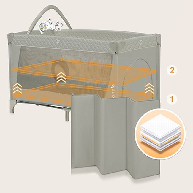 Patut pliant, Lionelo, Flower, Cu doua nivele, Cu arcada, Geanta transport, Masuta de infasat, Bara cu jucarii, Fereastra laterala, 120x60 cm, Conform cu standardele europeane de securitate EN 716 si EN12221, Cappuccino BYNLO-FLOWER_CAPPUCCINO