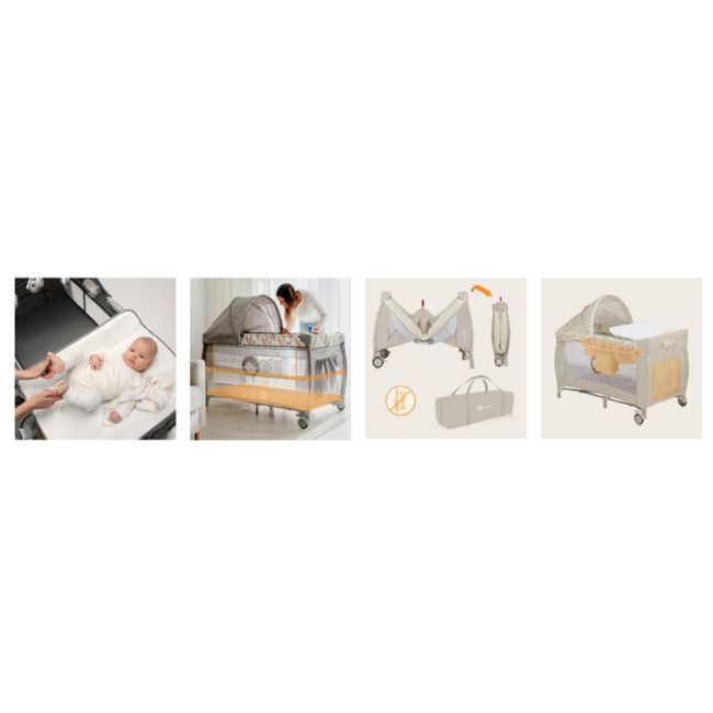 Patut pliant, Lionelo, Sven Plus, 120x60 cm, Cu doua nivele, Cu arcada jucarii, masuta de infasat, vibratii, melodii, conform cu standardele europeane de securitate EN716 si EN12221, Bej Latte BYNLO-SVEN_PLUS_BEIGE_LATTE