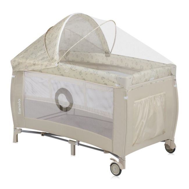 Patut pliant, Lionelo, Sven Plus, 120x60 cm, Cu doua nivele, Cu arcada jucarii, masuta de infasat, vibratii, melodii, conform cu standardele europeane de securitate EN716 si EN12221, Bej Latte BYNLO-SVEN_PLUS_BEIGE_LATTE
