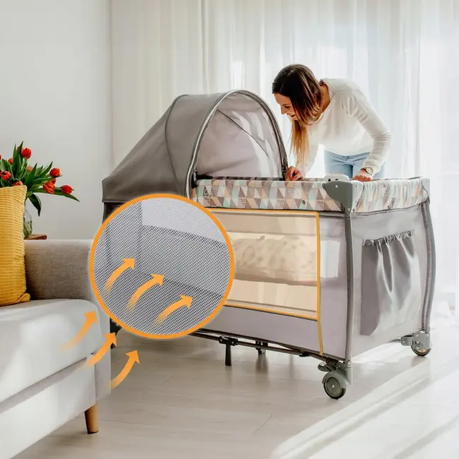 Patut pliant, Lionelo, Sven Plus, 120x60 cm, Cu doua nivele, Cu arcada jucarii, masuta de infasat, vibratii, melodii, conform cu standardele europeane de securitate EN716 si EN12221, Bej Olive BYNLO-SVEN_PLUS_BEIGE_OLIVE