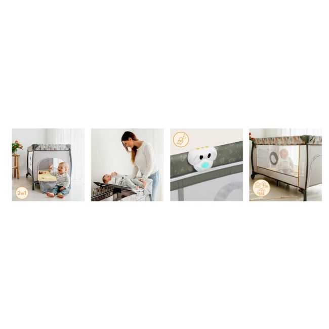 Patut pliant, Lionelo, Sven Plus, 120x60 cm, Cu doua nivele, Cu arcada jucarii, masuta de infasat, vibratii, melodii, conform cu standardele europeane de securitate EN716 si EN12221, Bej Olive BYNLO-SVEN_PLUS_BEIGE_OLIVE