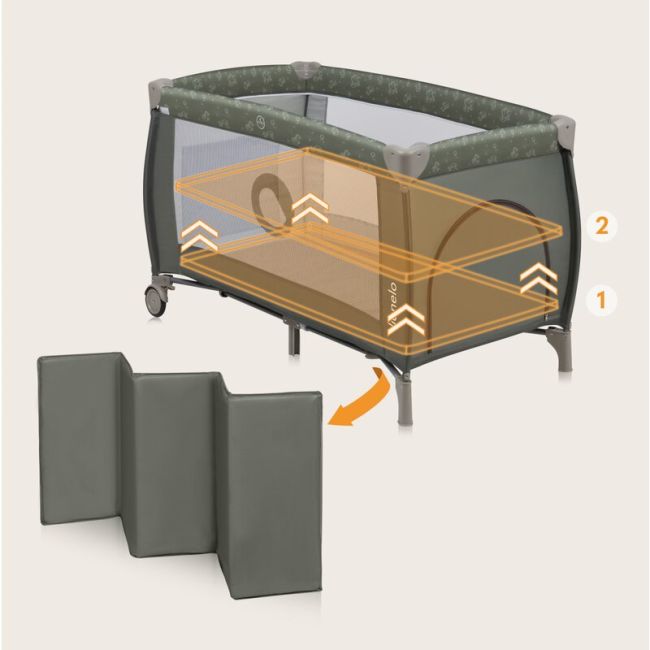 Patut pliant, Lionelo, Sven Plus, 120x60 cm, Cu doua nivele, Cu arcada jucarii, masuta de infasat, vibratii, melodii, conform cu standardele europeane de securitate EN716 si EN12221, Bej Olive BYNLO-SVEN_PLUS_BEIGE_OLIVE